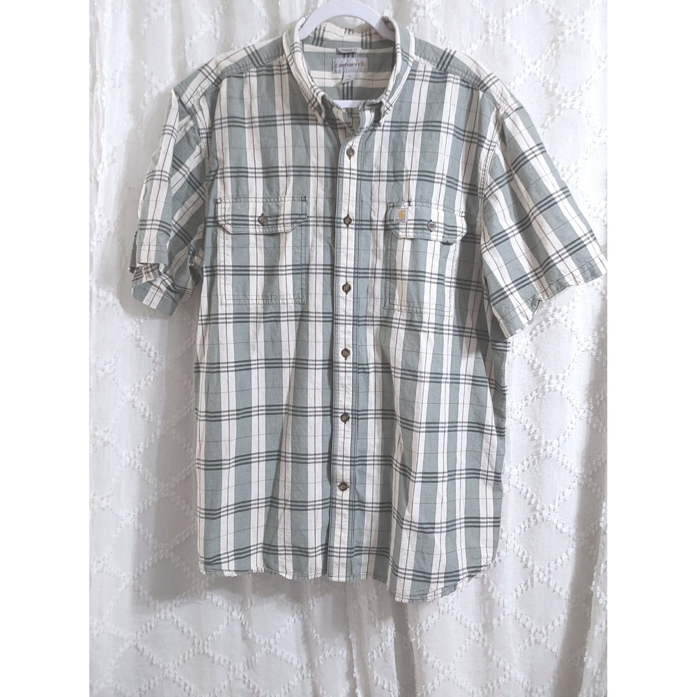 Carhartt Mens XL Original Fit Short Sleeve‎ Plaid Button Down Shirt Sage Green